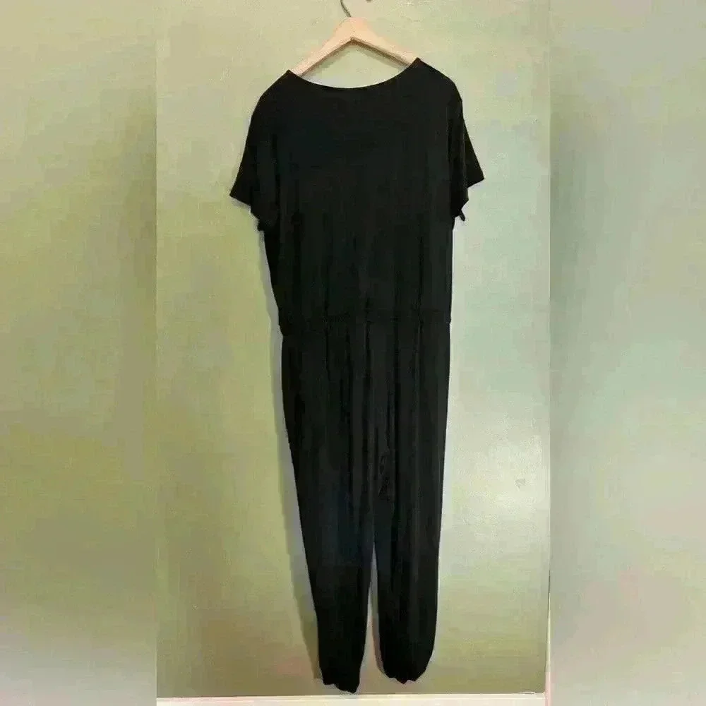 Women's Casual Deep V-Neck Short Sleeve Wrap Drawstring Waist Jumpsuit Romper - Picture 6 of 6